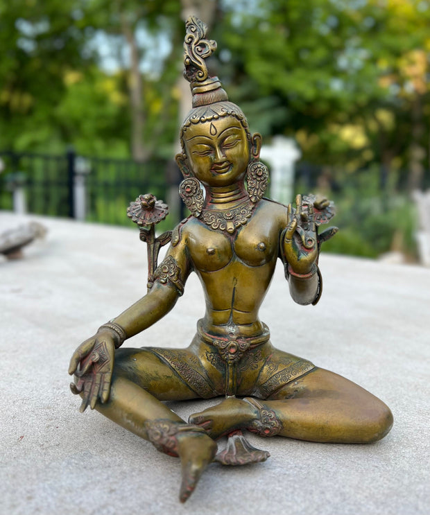 Green Tara Female Buddha Old Statue Solid Antique Bronze Finish for Home Altar Shrine Meditation Room 11 Inches Tall