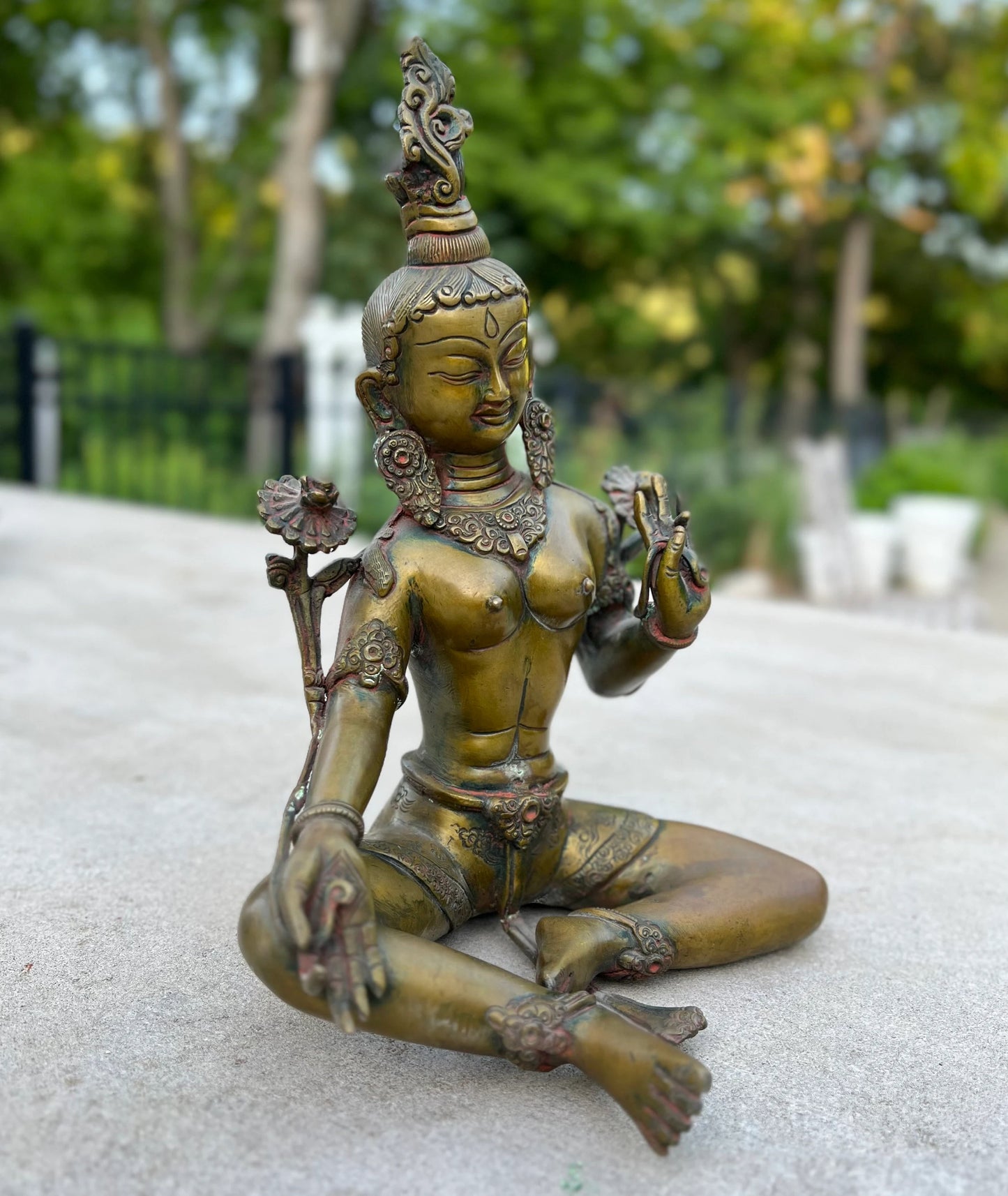 Green Tara Female Buddha Old Statue Solid Antique Bronze Finish for Home Altar Shrine Meditation Room 11 Inches Tall