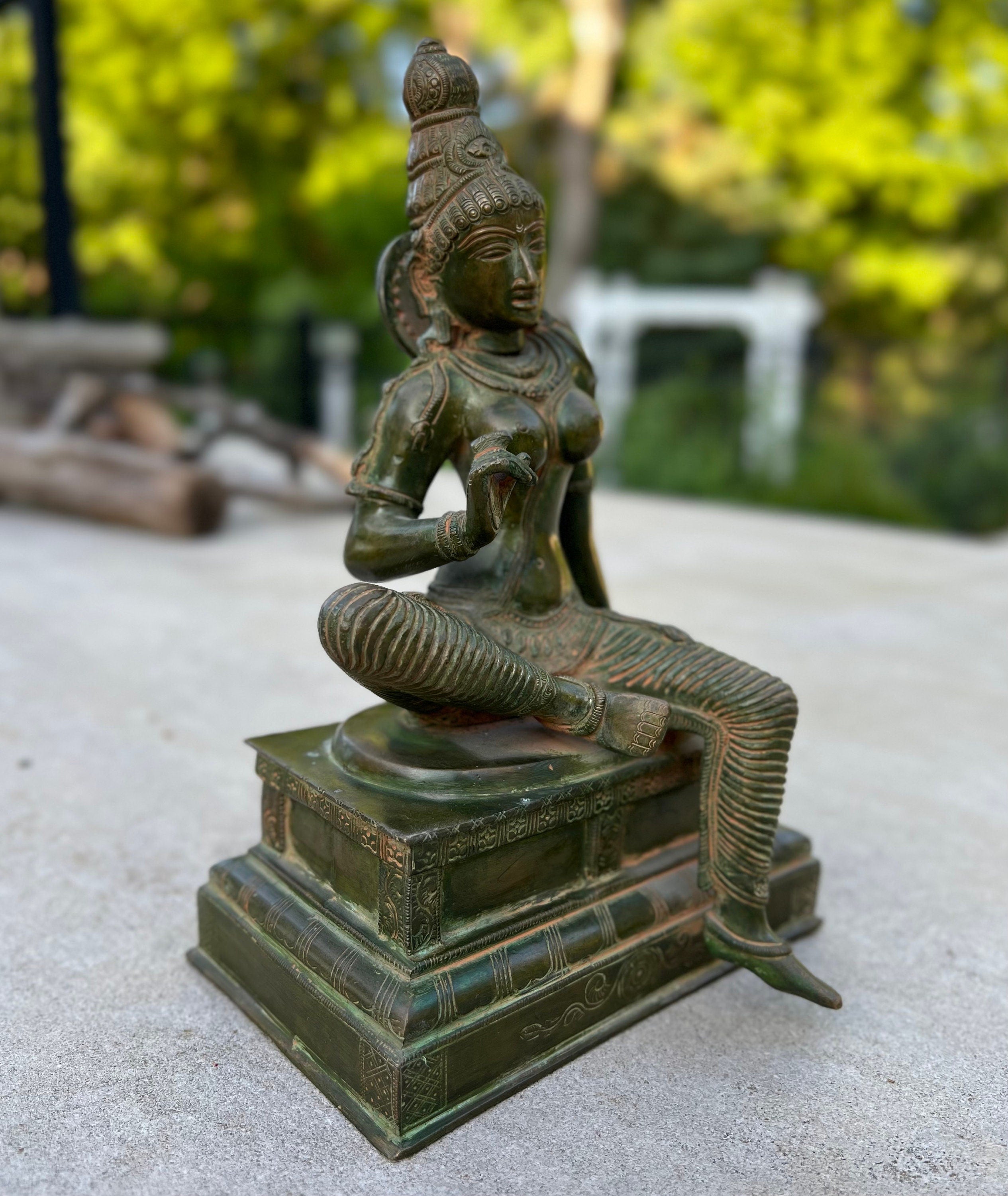 Shakti Hindu Goddess Parvati Ma Old Statue Solid Antique Bronze Finish for Home Altar Shrine Meditation Room 10 Inches Tall - DharmaObjects