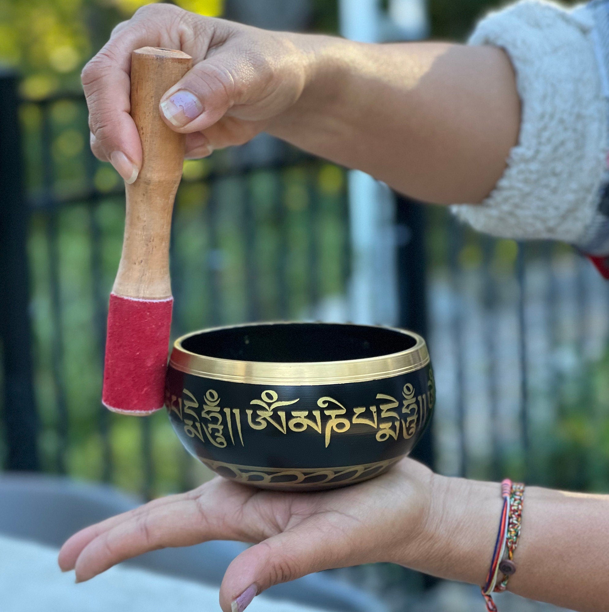 Tibetan Singing Bowl Om Mani ~ With Mallet And Brocade Cushion ~ For Mindfulness Meditation, Chakra Healing, Yoga (Medium) - DharmaObjects