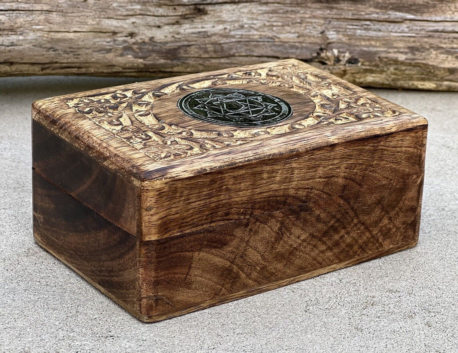 Hand Carved Chakra Wooden Box Keepsake Jewelry Storage