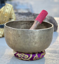 Rare Antique Thadobati Style Tibetan Singing Bowl 7.25" | Dark Patina Sacral Chakra D Note Collector Bowl with Mallet & Cushion - DharmaObjects