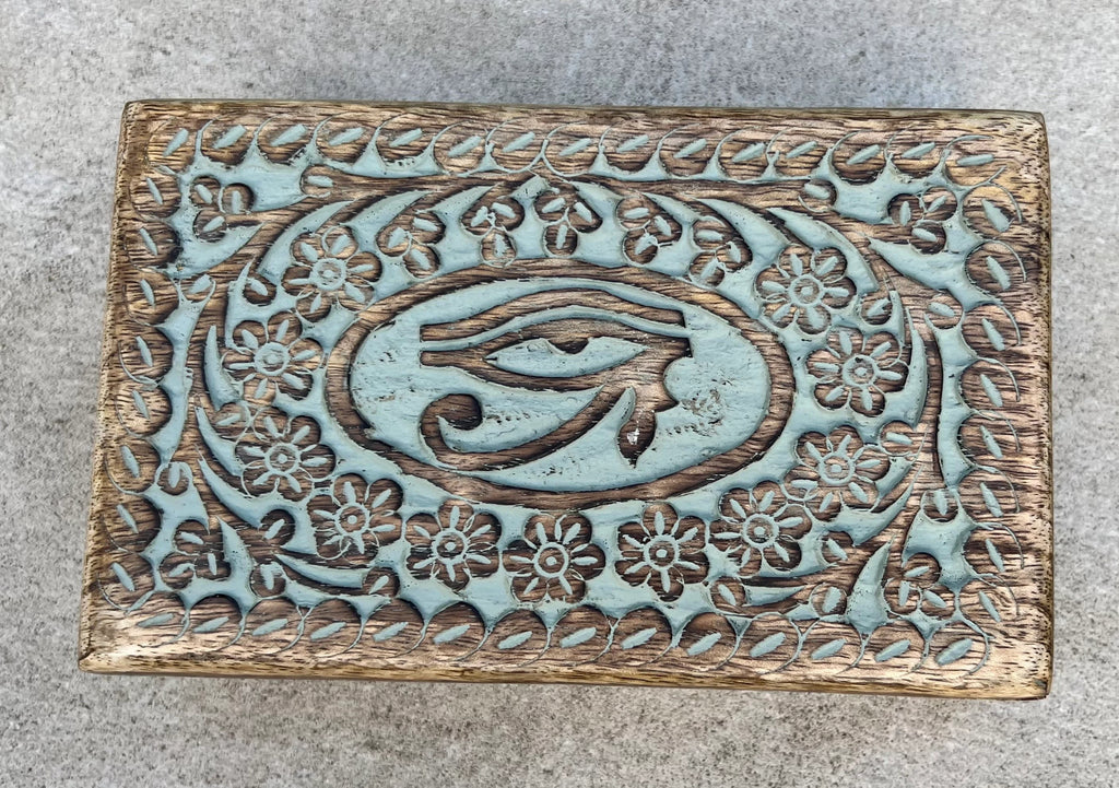 Hand Carved Egyptian Eye of Ra Wooden Box Keepsake Jewelry Storage
