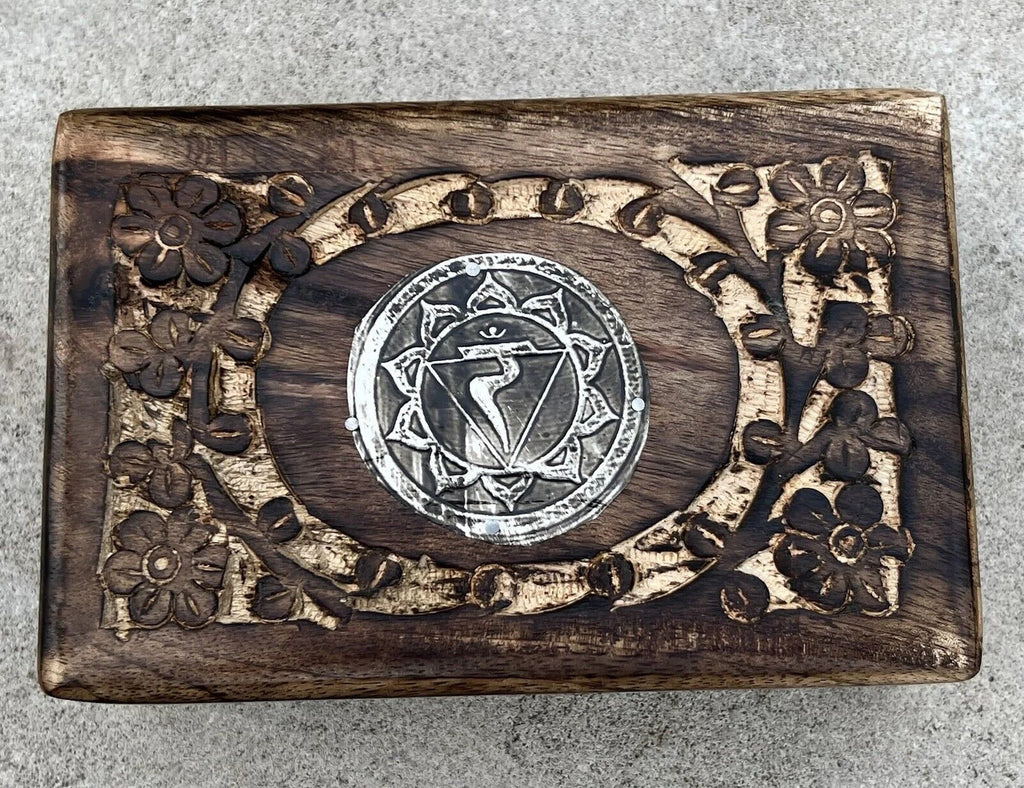 Hand Carved Chakra Wooden Box Keepsake Jewelry Storage