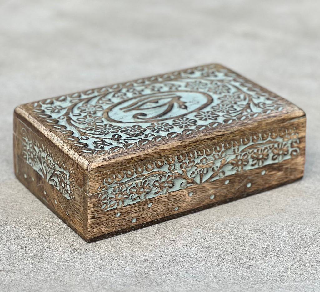 Hand Carved Egyptian Eye of Ra Wooden Box Keepsake Jewelry Storage