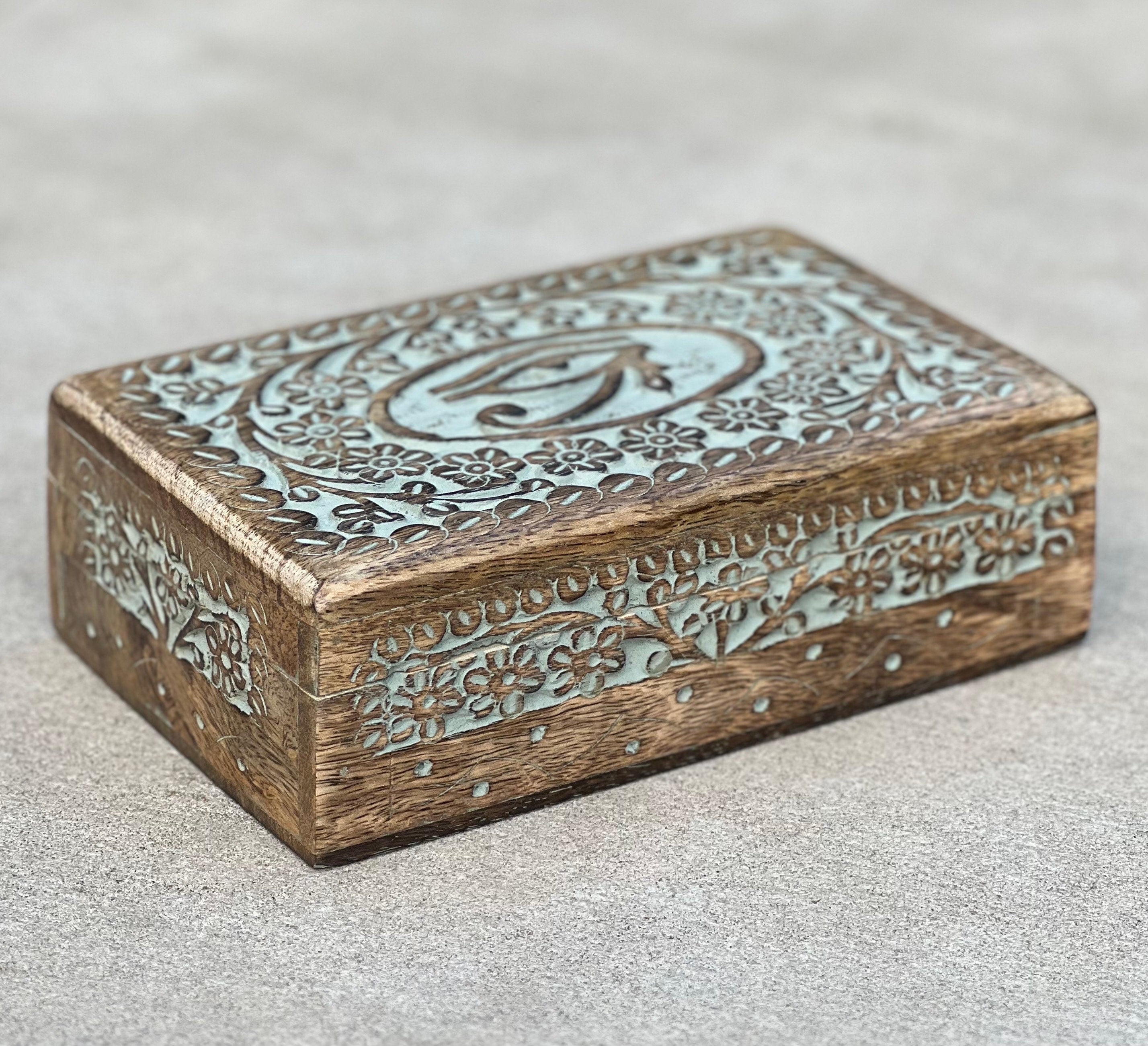 Hand Carved Egyptian Eye of Ra Wooden Box Keepsake Jewelry Storage
