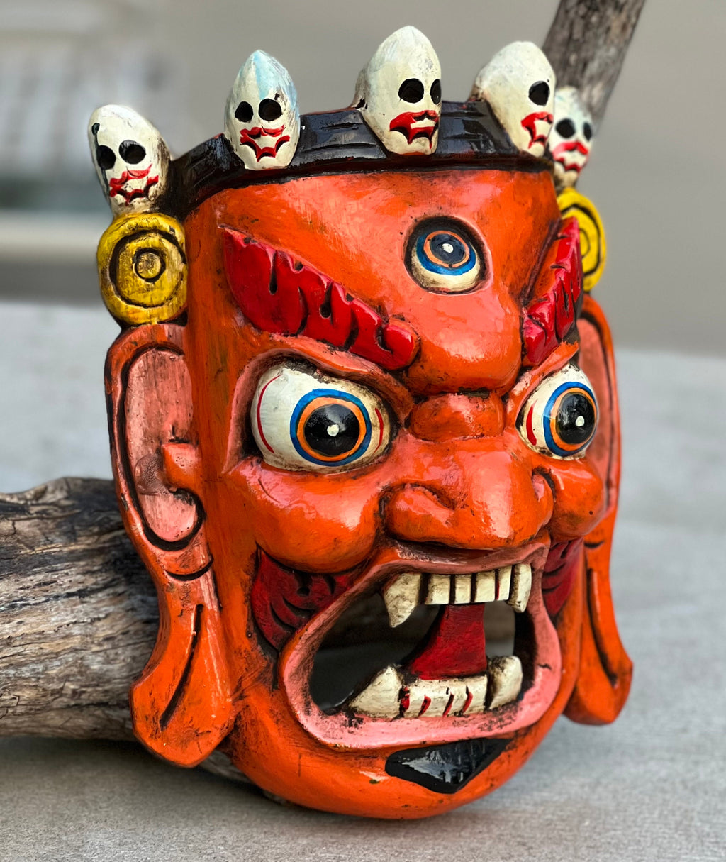 Hand Carved Tibetan Buddhist Mahakala Wooden Mask Wall Decor Hanging Orange