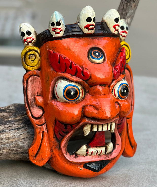 Hand Carved Tibetan Buddhist Mahakala Wooden Mask Wall Decor Hanging Orange