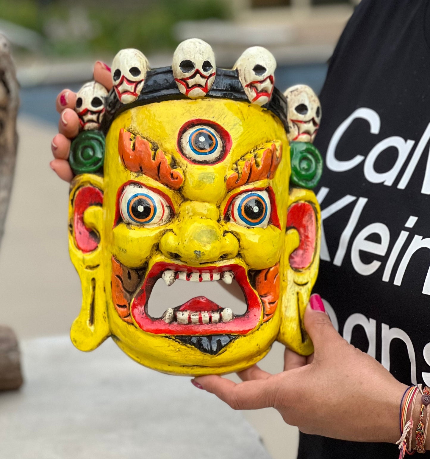 Hand Carved Tibetan Buddhist Mahakala Wooden Mask Wall Decor Hanging Yellow(Large, Medium)