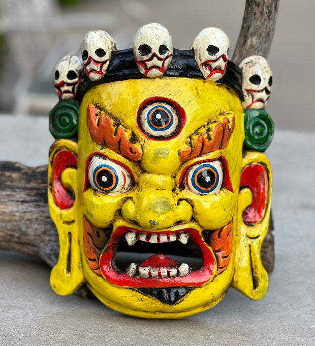 Hand Carved Tibetan Buddhist Mahakala Wooden Mask Wall Decor Hanging Yellow(Large, Medium)