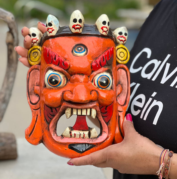 Hand Carved Tibetan Buddhist Mahakala Wooden Mask Wall Decor Hanging Orange