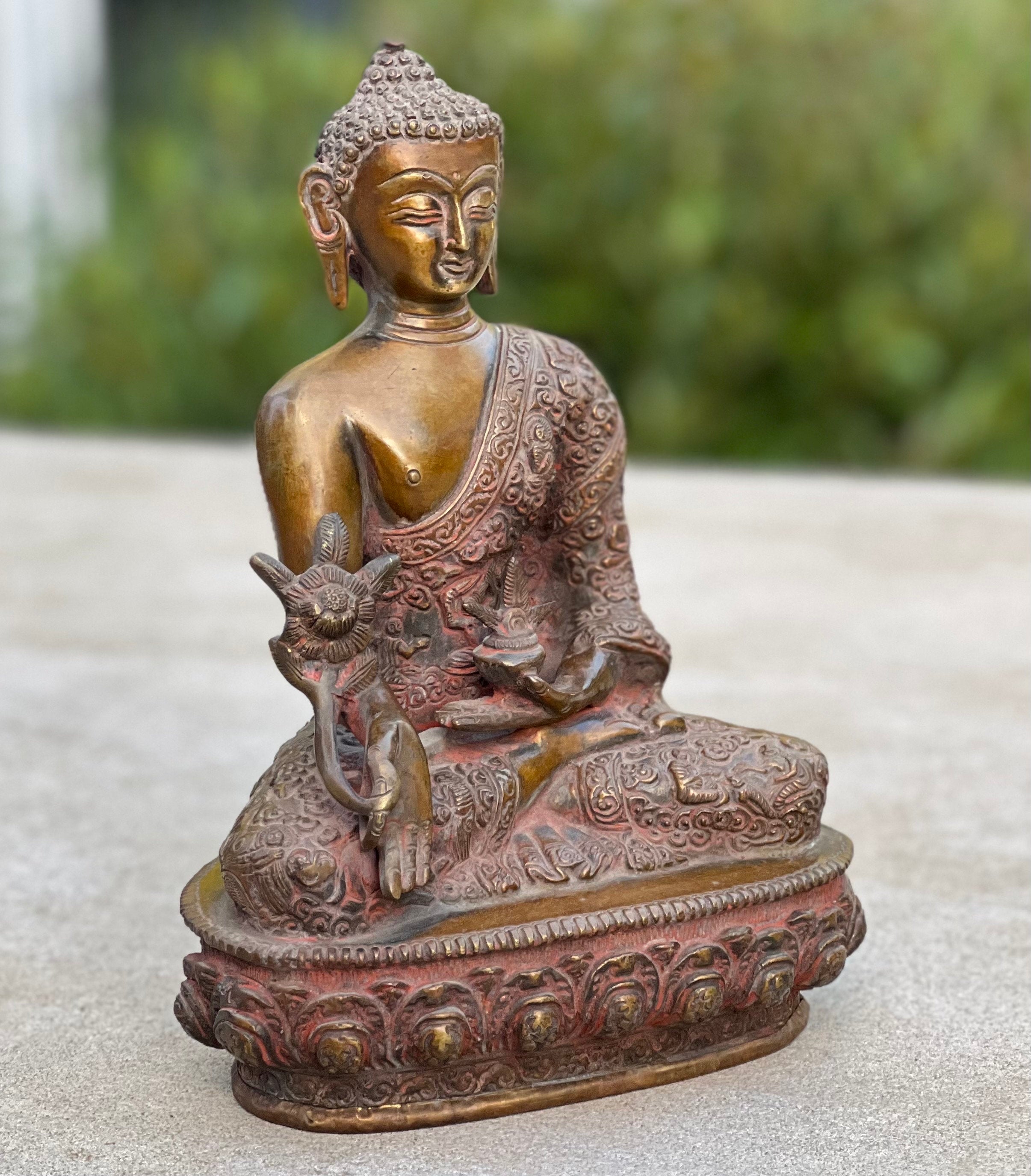 Meditation Medicine Buddha Statue Solid Brass Antique Finish for Home Altar Shrine Meditation Room 8.75 Inches Tall