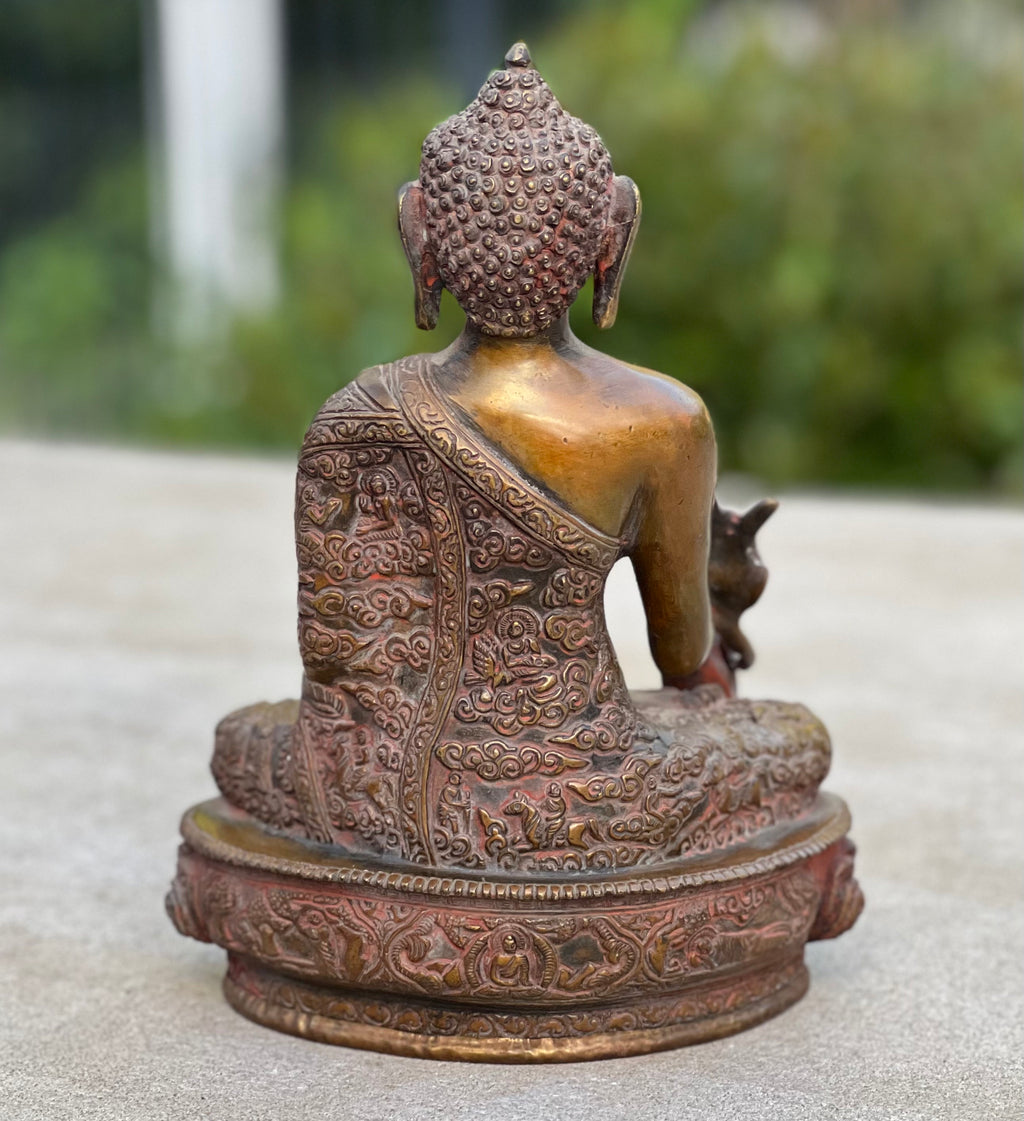 Meditation Medicine Buddha Statue Solid Brass Antique Finish for Home Altar Shrine Meditation Room 8.75 Inches Tall
