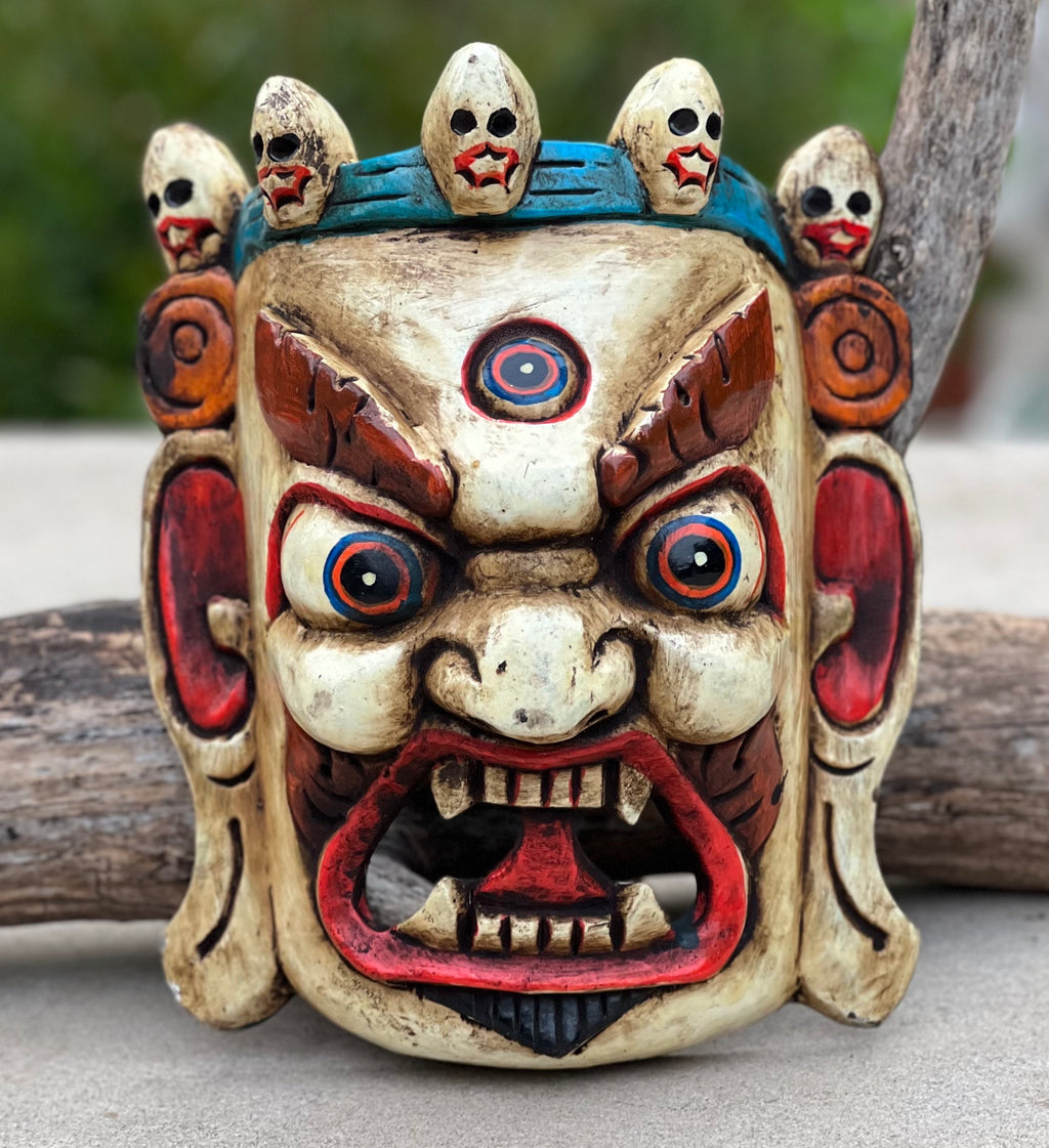 Hand Carved Tibetan Buddhist Mahakala Wooden Mask Wall Decor Hanging White