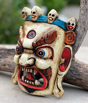 Hand Carved Tibetan Buddhist Mahakala Wooden Mask Wall Decor Hanging White