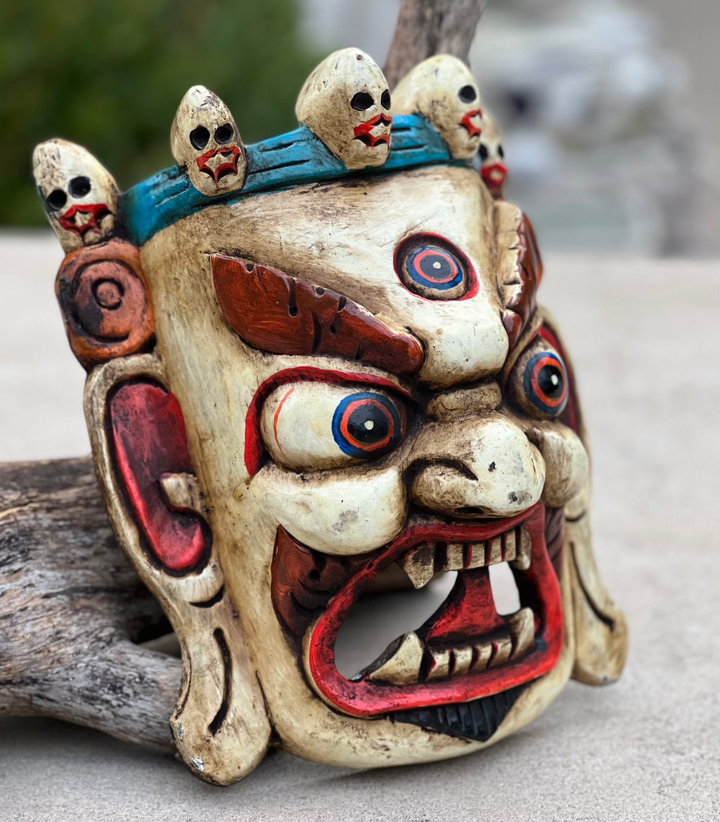 Hand Carved Tibetan Buddhist Mahakala Wooden Mask Wall Decor Hanging White