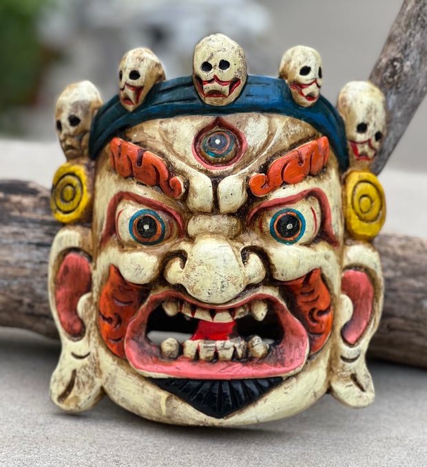 Hand Carved Tibetan Buddhist Mahakala Wooden Mask Wall Decor Hanging White