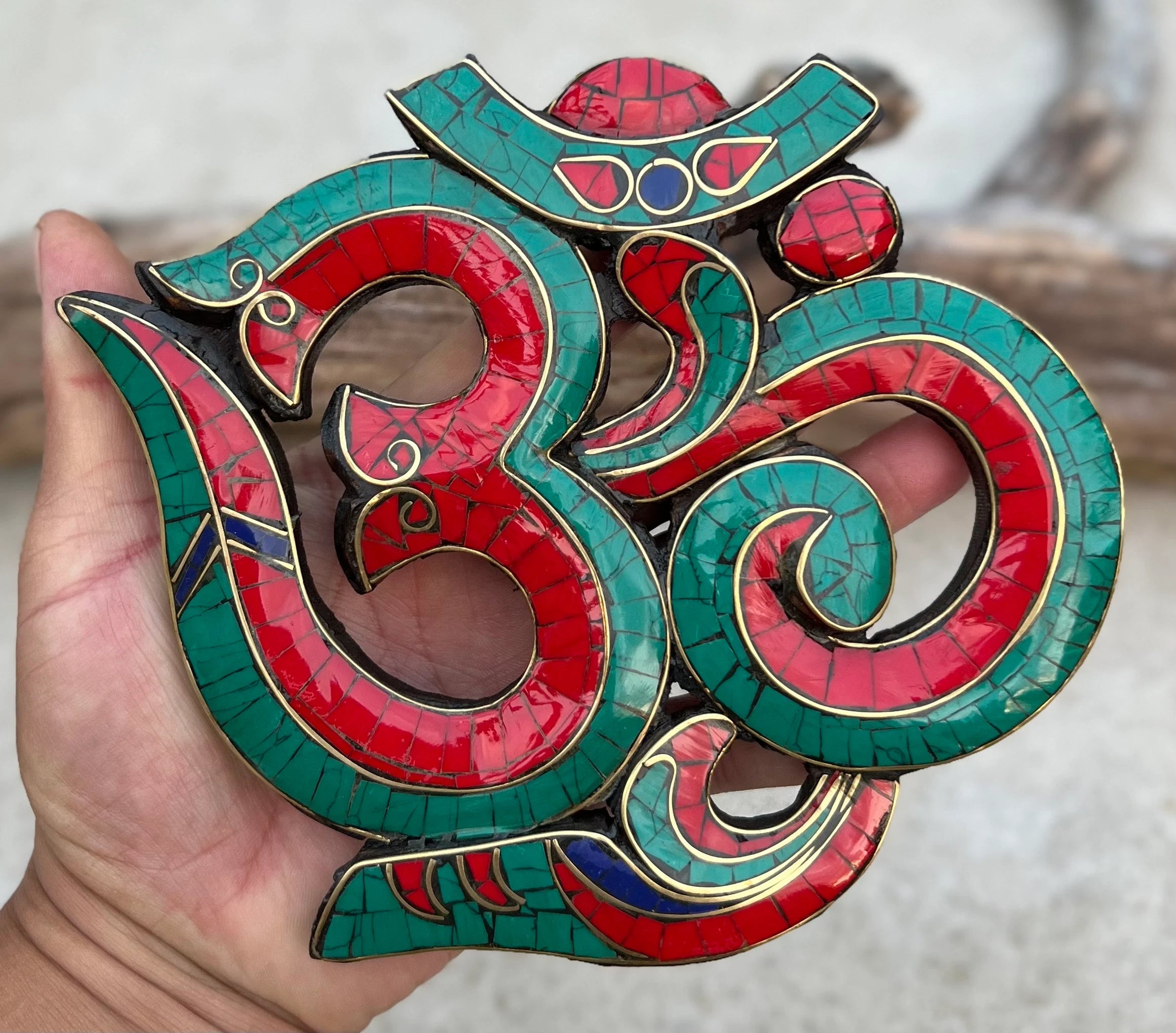 Handcrafted Om Symbol For Home Wall Mounted Art Decor Inlaid Stones Hindu Buddhist Altar Decor, Meditation Space