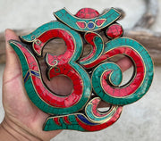 Handcrafted Om Symbol For Home Wall Mounted Art Decor Inlaid Stones Hindu Buddhist Altar Decor, Meditation Space