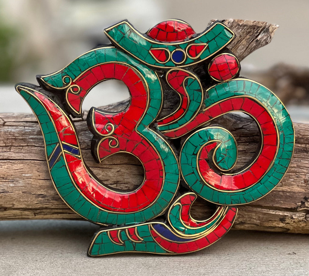 Handcrafted Om Symbol For Home Wall Mounted Art Decor Inlaid Stones Hindu Buddhist Altar Decor, Meditation Space
