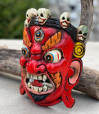 Hand Carved Tibetan Buddhist Mahakala Wooden Mask Wall Decor Hanging Red - DharmaObjects