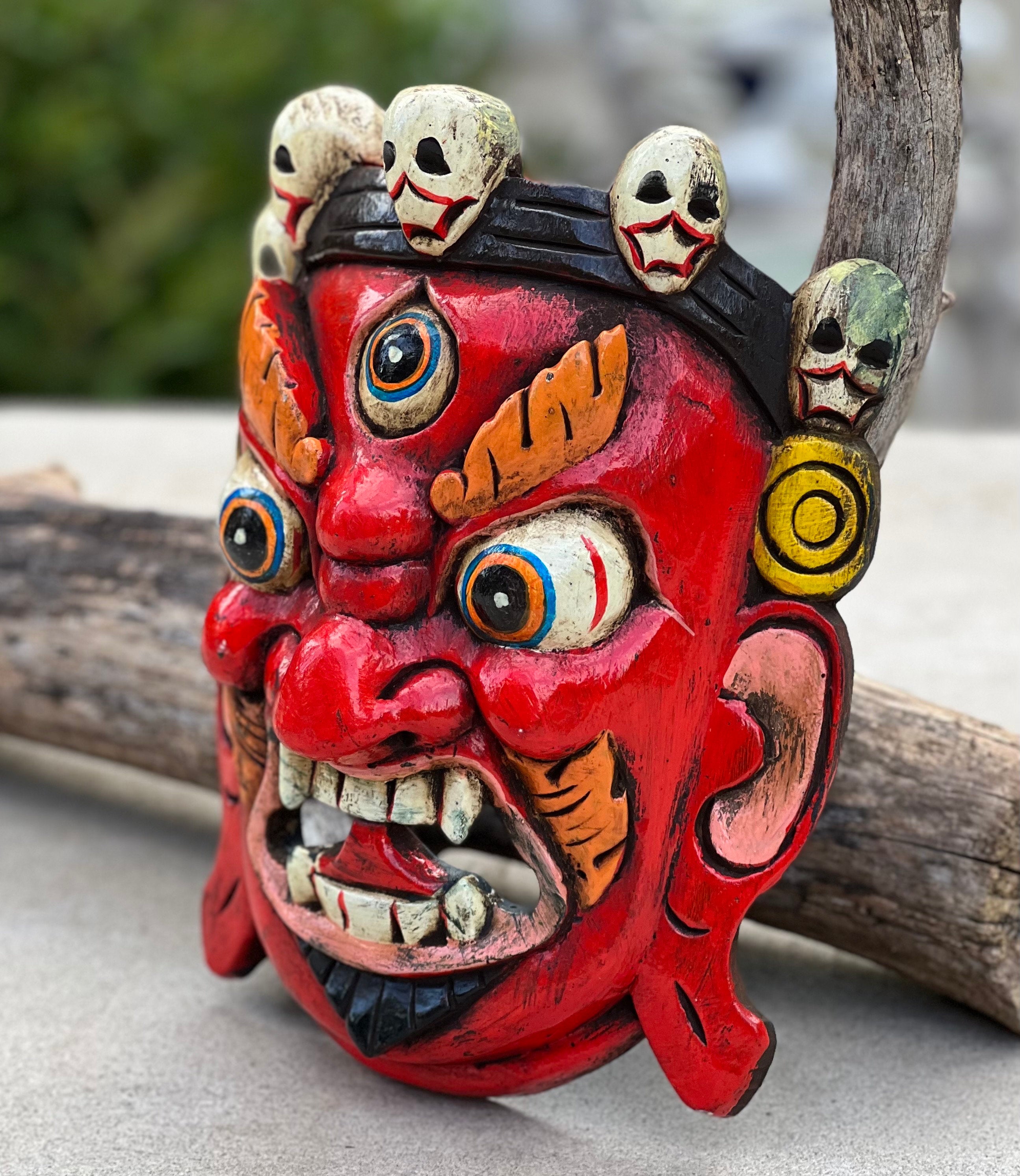 Hand Carved Tibetan Buddhist Mahakala Wooden Mask Wall Decor Hanging Red - DharmaObjects