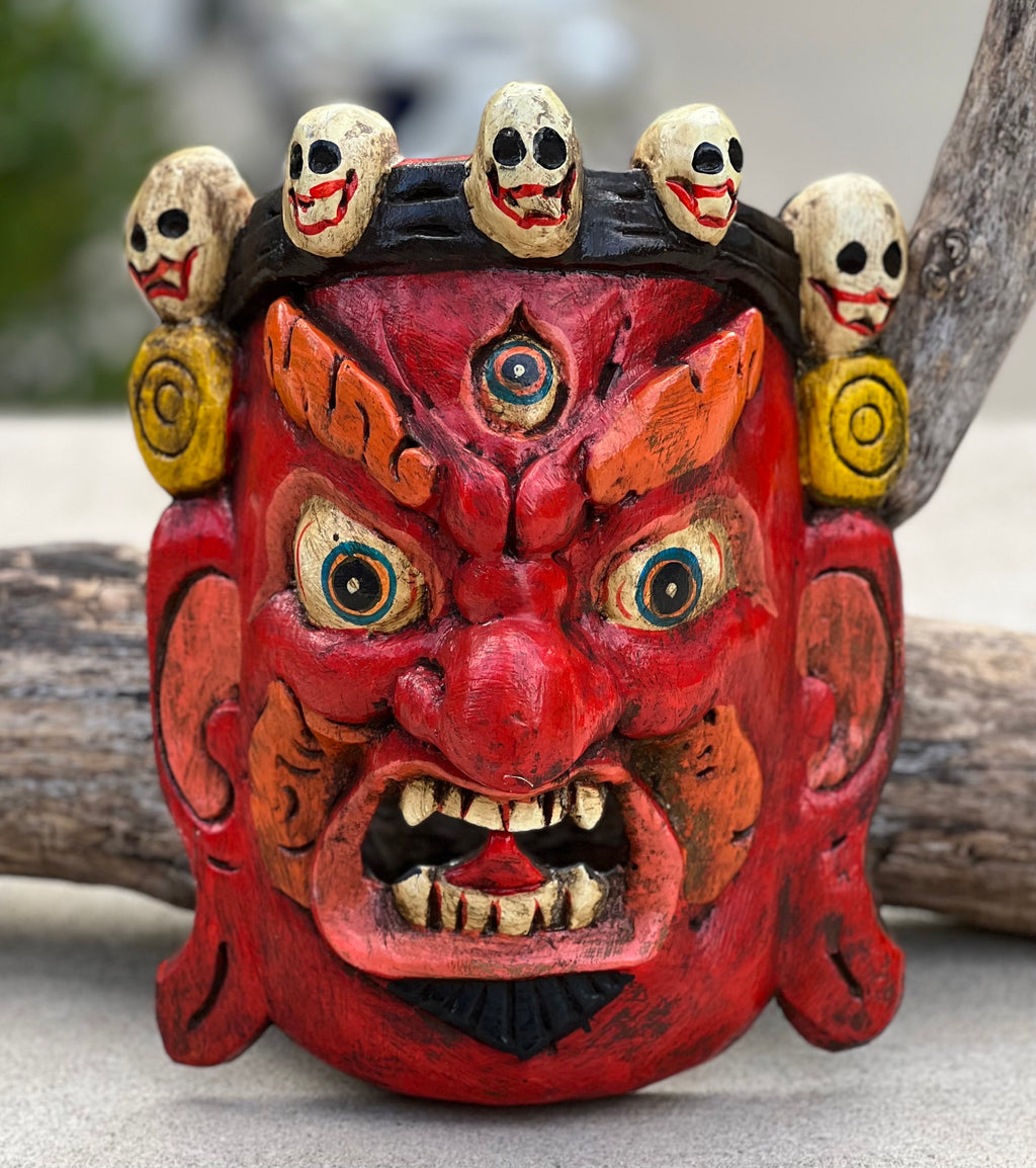 Hand Carved Tibetan Buddhist Mahakala Wooden Mask Wall Decor Hanging Red - DharmaObjects