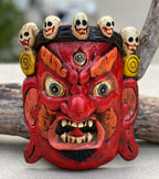 Hand Carved Tibetan Buddhist Mahakala Wooden Mask Wall Decor Hanging Red - DharmaObjects