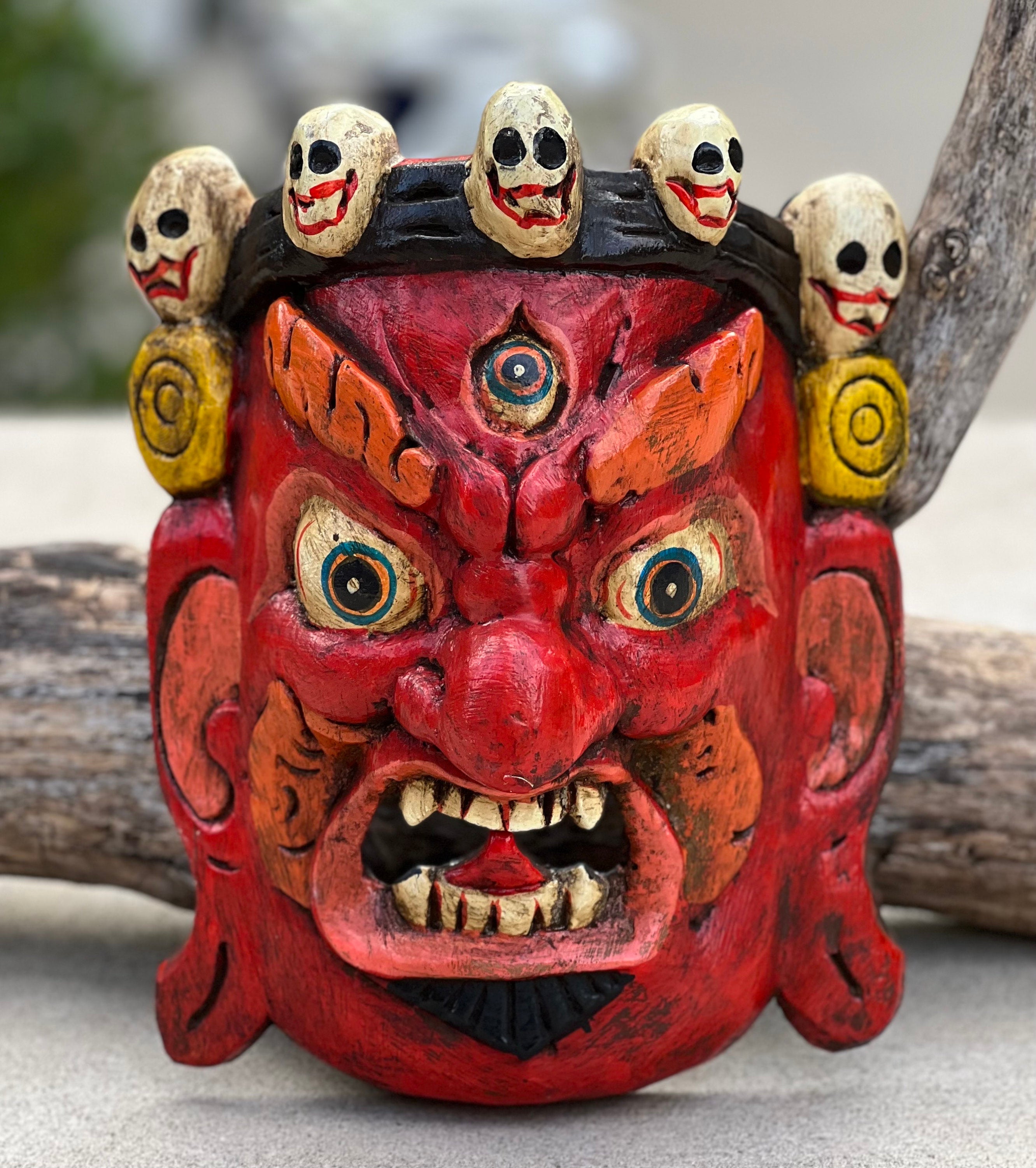 Hand Carved Tibetan Buddhist Mahakala Wooden Mask Wall Decor Hanging Red - DharmaObjects