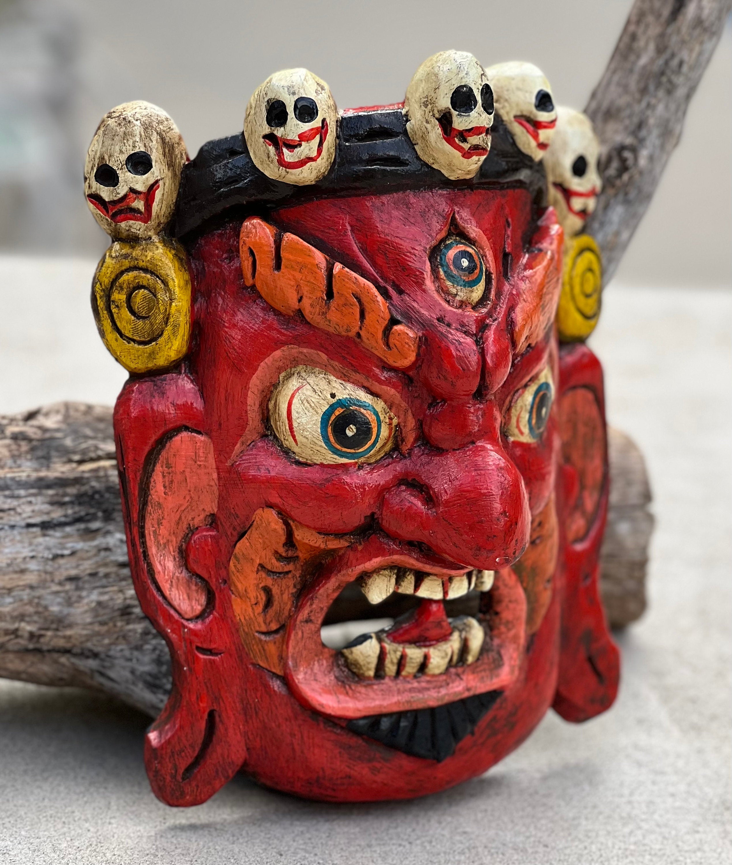 Hand Carved Tibetan Buddhist Mahakala Wooden Mask Wall Decor Hanging Red - DharmaObjects