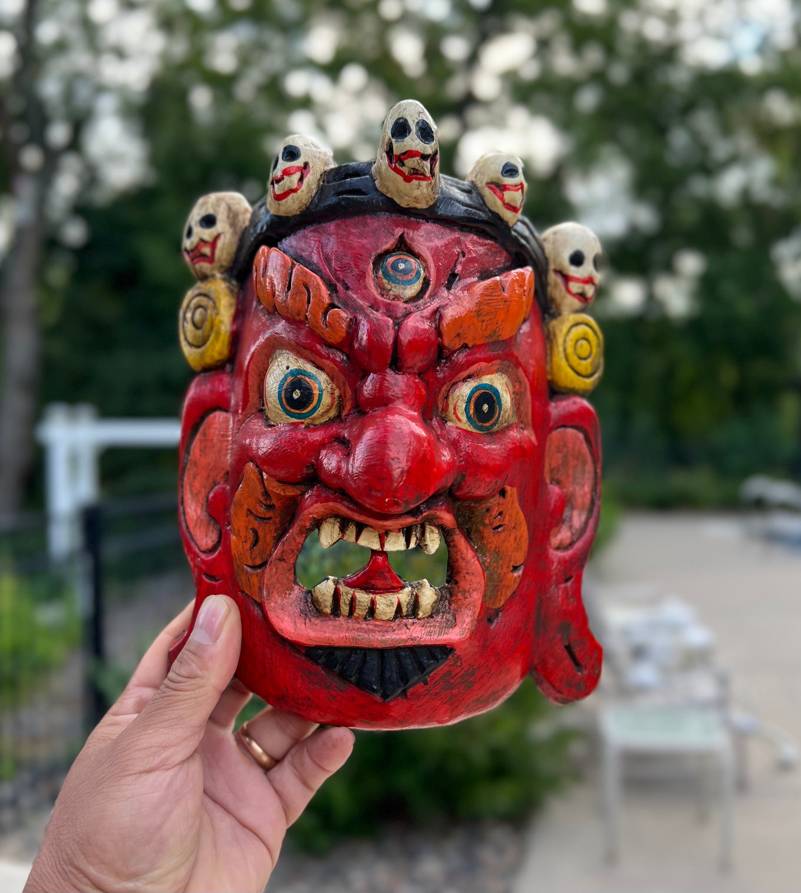 Hand Carved Tibetan Buddhist Mahakala Wooden Mask Wall Decor Hanging Red - DharmaObjects