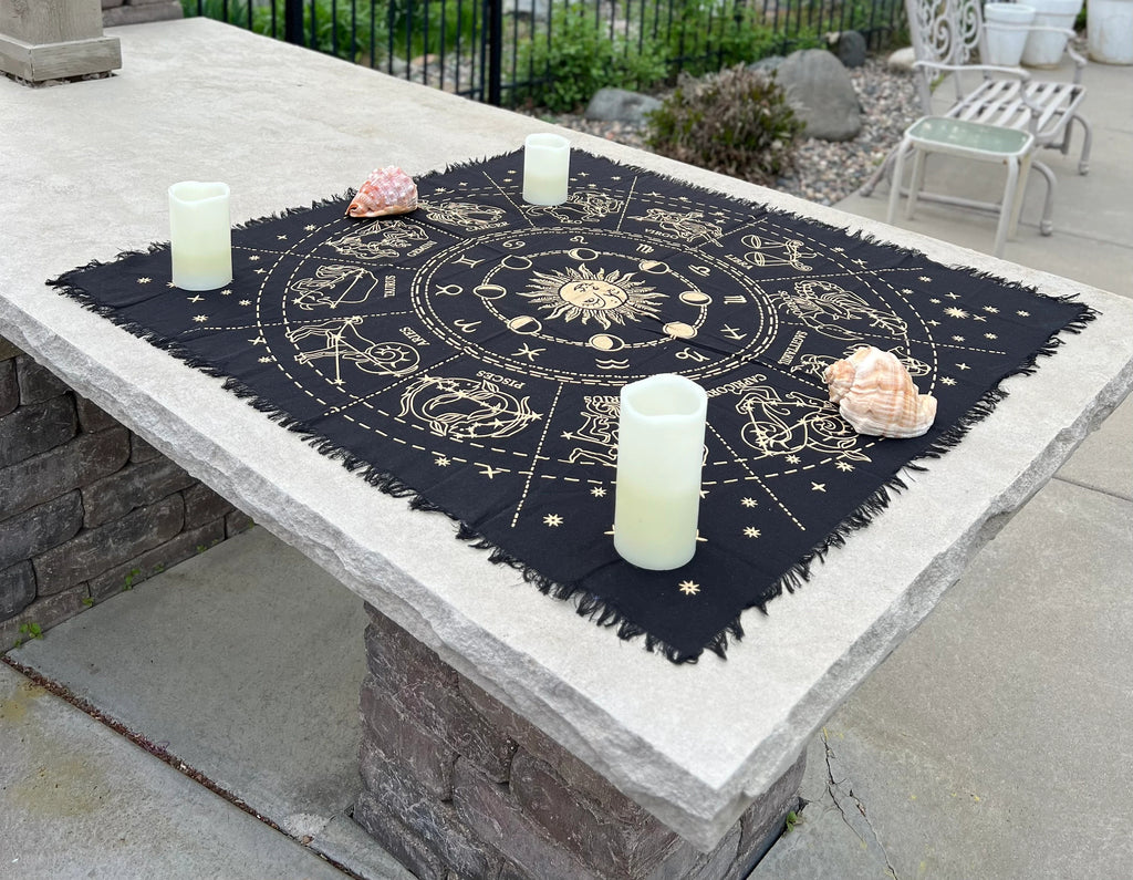 Zodiac Astrology Sun Moon Altar Cloth Tarot Witchcraft Table Cloth Cover Gold - DharmaObjects