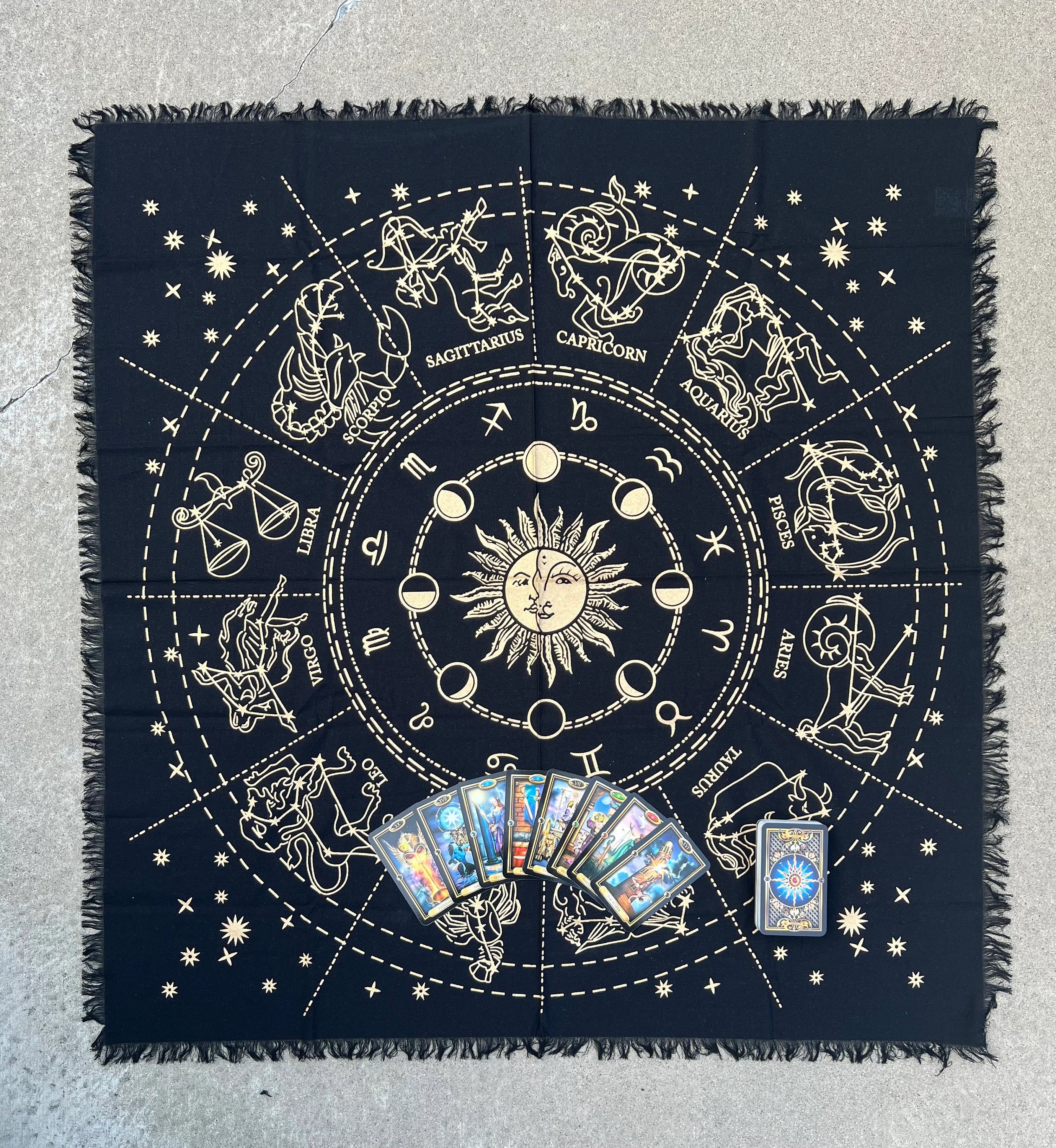Zodiac Astrology Sun Moon Altar Cloth Tarot Witchcraft Table Cloth Cover Gold - DharmaObjects