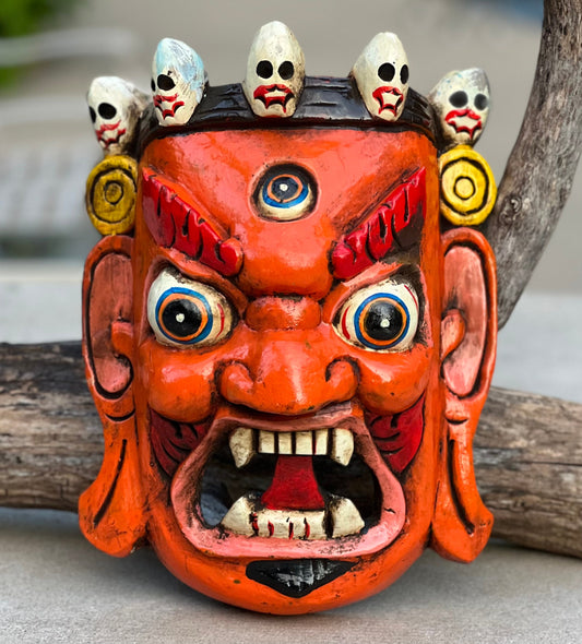 Hand Carved Tibetan Buddhist Mahakala Wooden Mask Wall Decor Hanging Orange