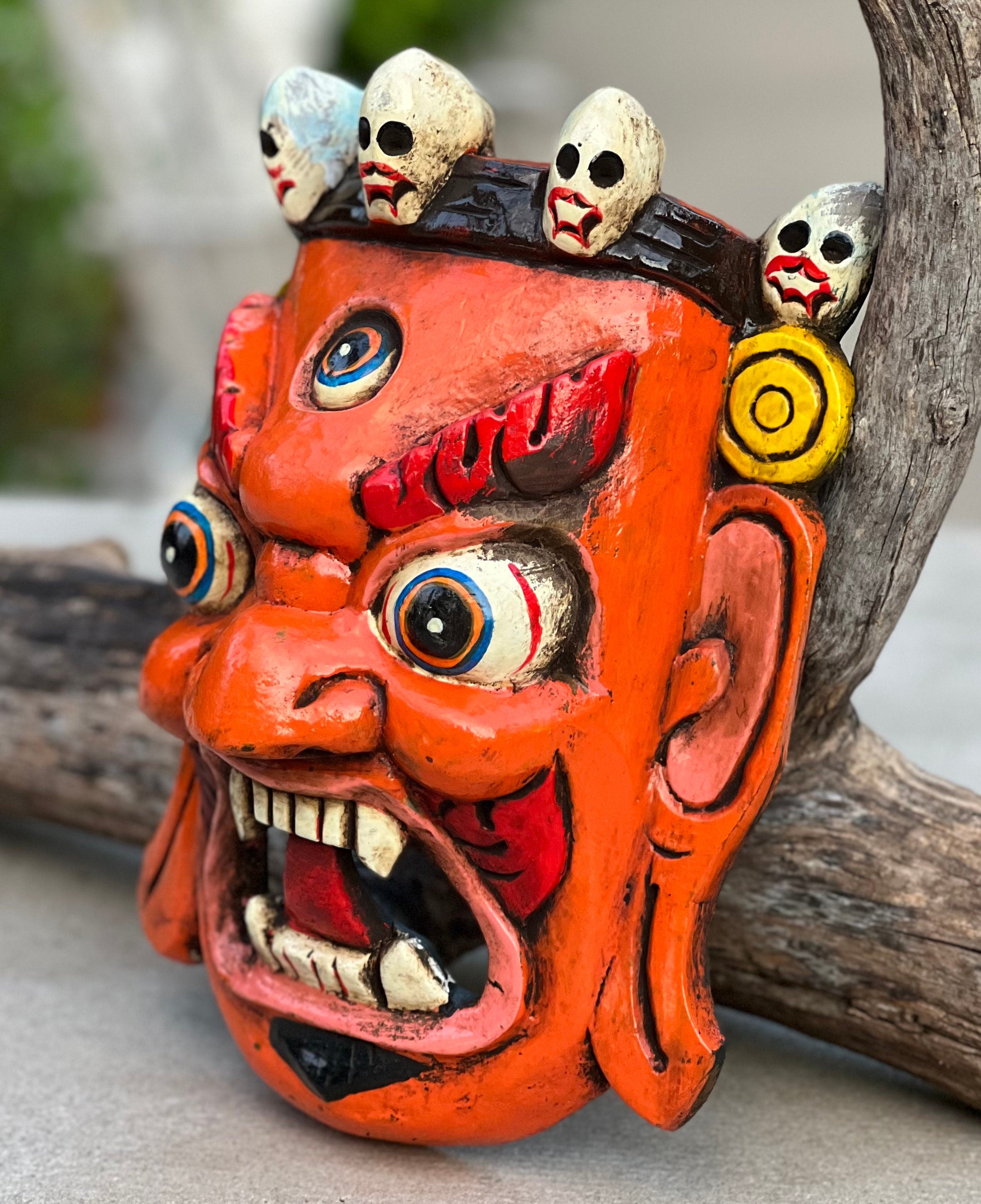 Hand Carved Tibetan Buddhist Mahakala Wooden Mask Wall Decor Hanging Orange