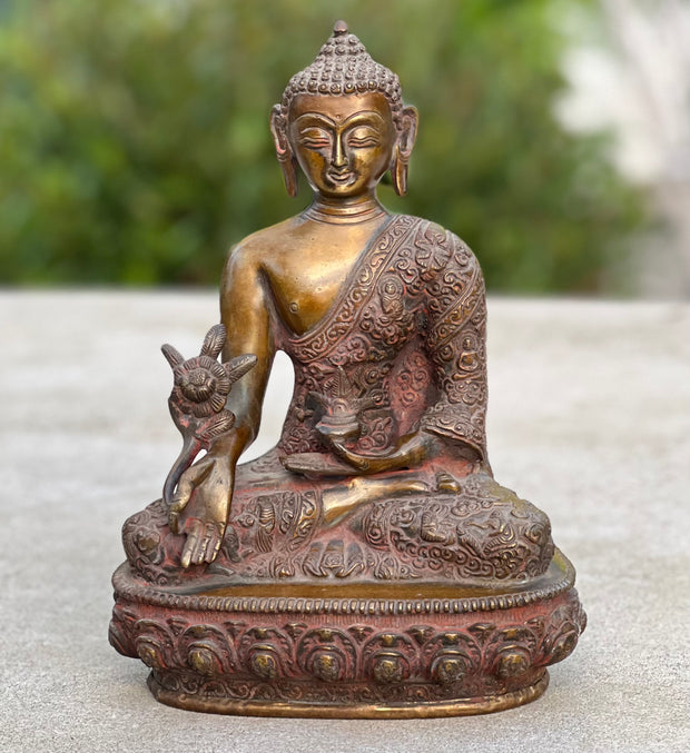 Meditation Medicine Buddha Statue Solid Brass Antique Finish for Home Altar Shrine Meditation Room 8.75 Inches Tall