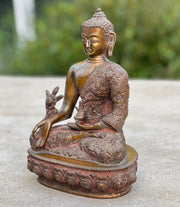 Meditation Medicine Buddha Statue Solid Brass Antique Finish for Home Altar Shrine Meditation Room 8.75 Inches Tall