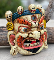Hand Carved Tibetan Buddhist Mahakala Wooden Mask Wall Decor Hanging White