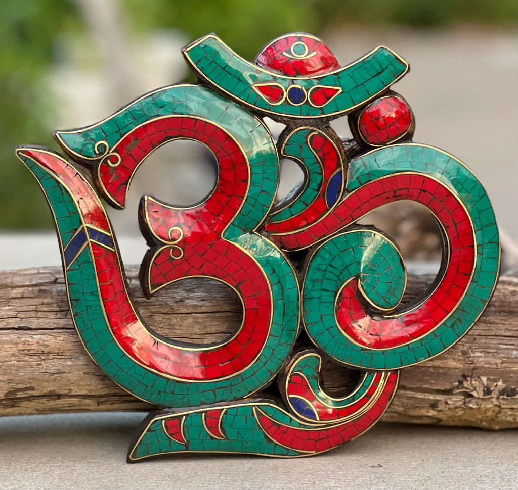 Handcrafted Om Symbol For Home Wall Mounted Art Decor Inlaid Stones Hindu Buddhist Altar Decor, Meditation Space