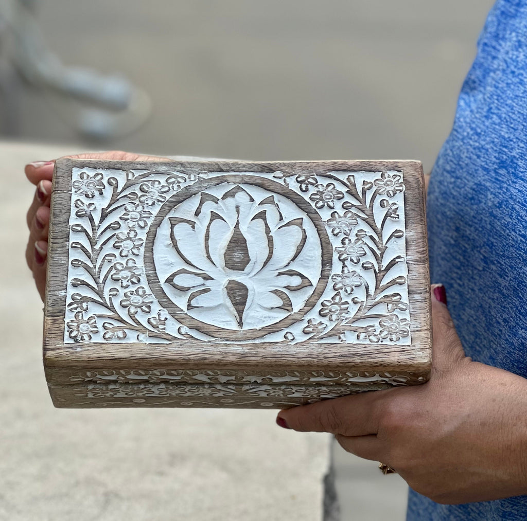 Handmade Hand Carved Lotus Wooden Box Keepsake Jewelry Watch Storage - DharmaObjects
