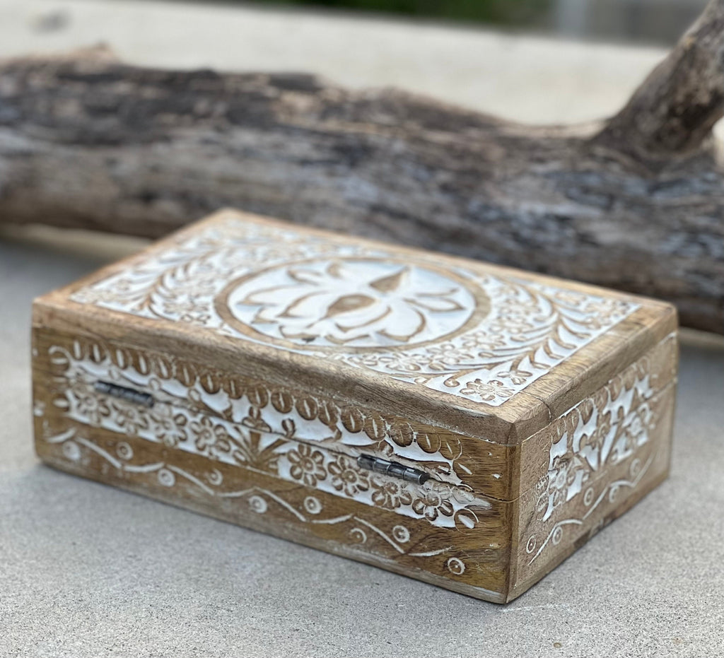 Handmade Hand Carved Lotus Wooden Box Keepsake Jewelry Watch Storage - DharmaObjects