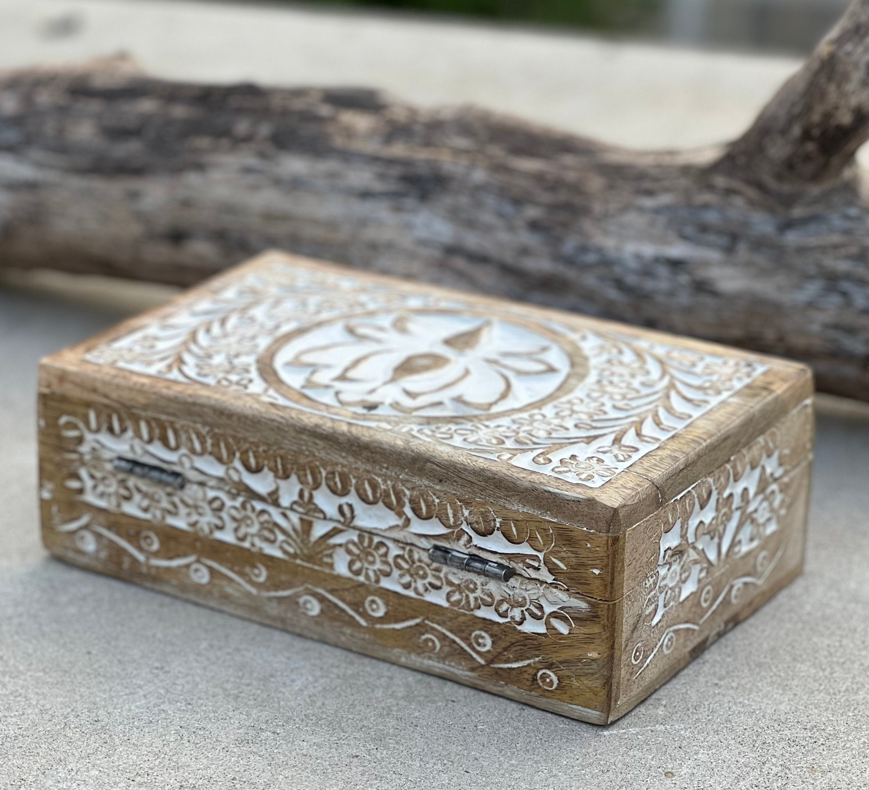 Handmade Hand Carved Lotus Wooden Box Keepsake Jewelry Watch Storage - DharmaObjects