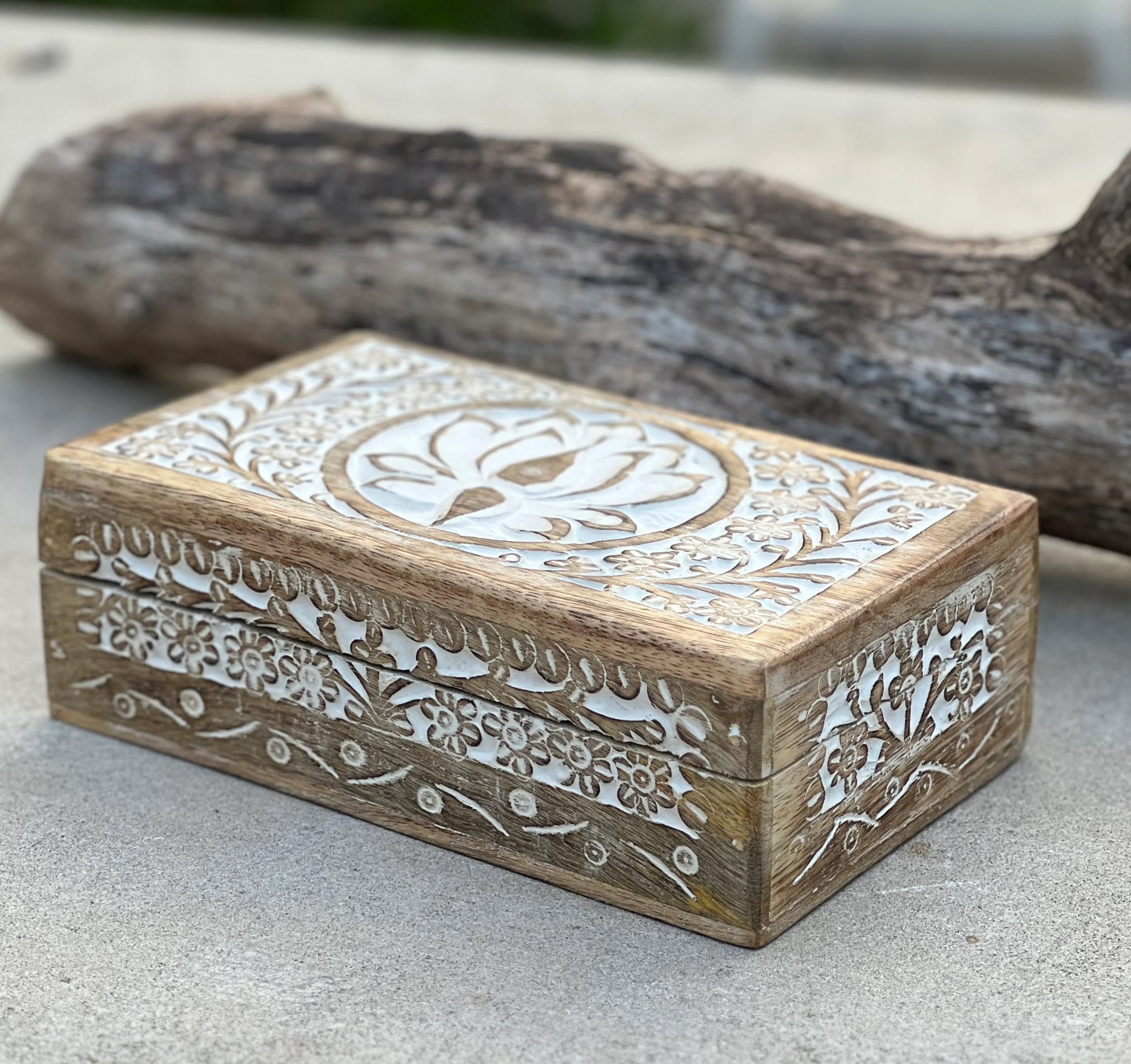 Handmade Hand Carved Lotus Wooden Box Keepsake Jewelry Watch Storage - DharmaObjects