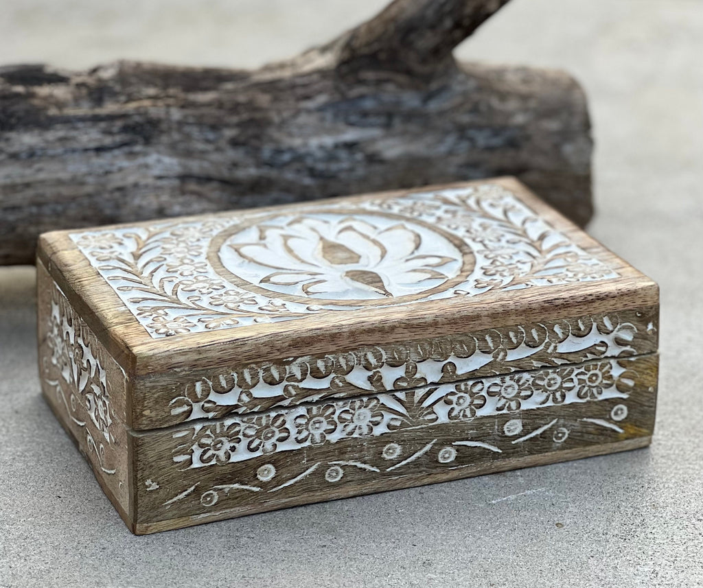 Handmade Hand Carved Lotus Wooden Box Keepsake Jewelry Watch Storage - DharmaObjects
