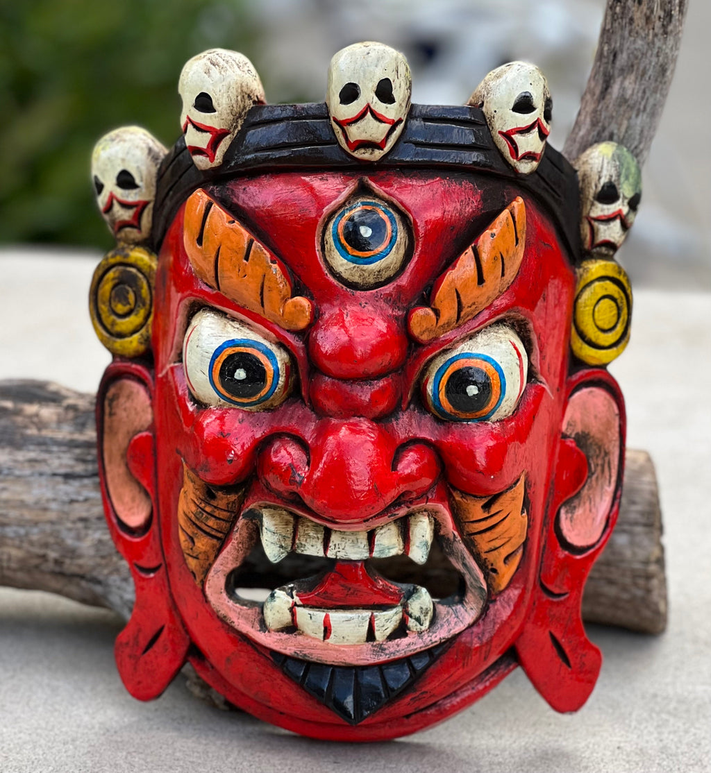 Hand Carved Tibetan Buddhist Mahakala Wooden Mask Wall Decor Hanging Red - DharmaObjects