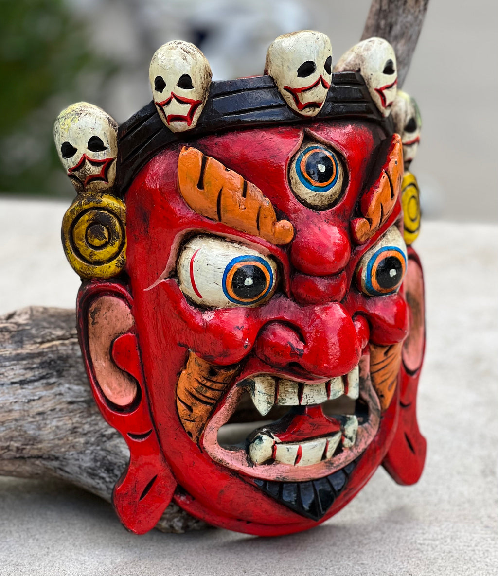 Hand Carved Tibetan Buddhist Mahakala Wooden Mask Wall Decor Hanging Red - DharmaObjects