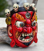 Hand Carved Tibetan Buddhist Mahakala Wooden Mask Wall Decor Hanging Red - DharmaObjects
