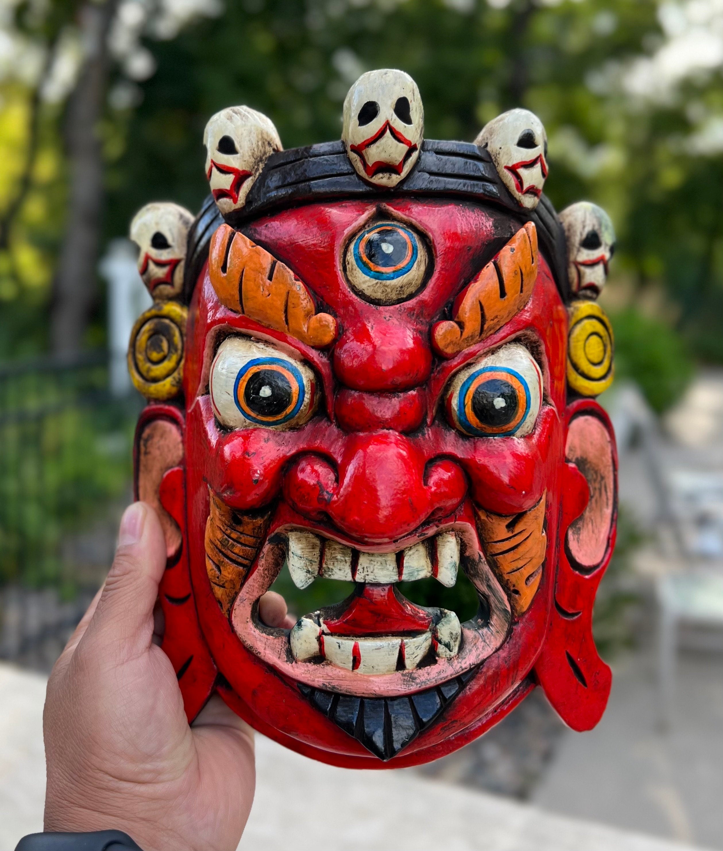 Hand Carved Tibetan Buddhist Mahakala Wooden Mask Wall Decor Hanging Red - DharmaObjects
