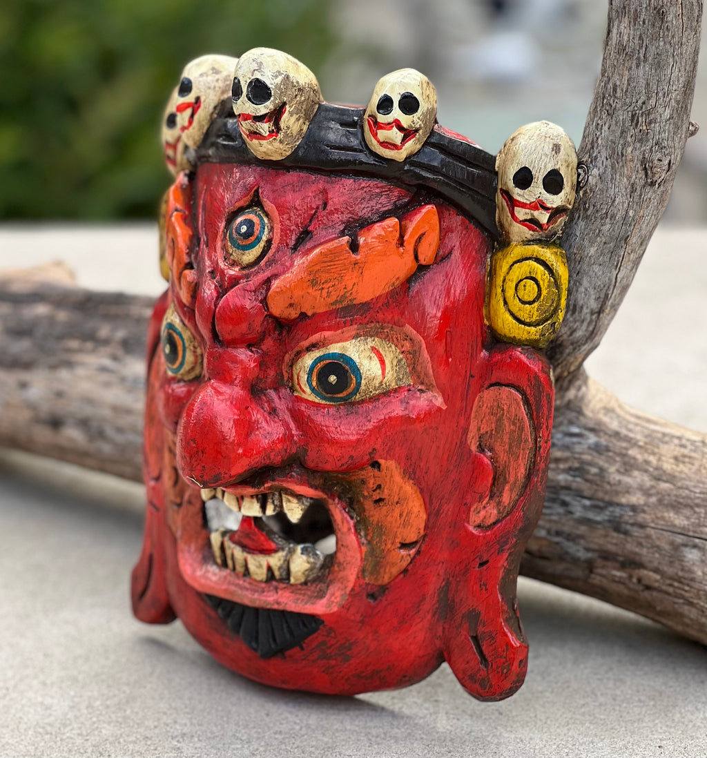 Hand Carved Tibetan Buddhist Mahakala Wooden Mask Wall Decor Hanging Red - DharmaObjects