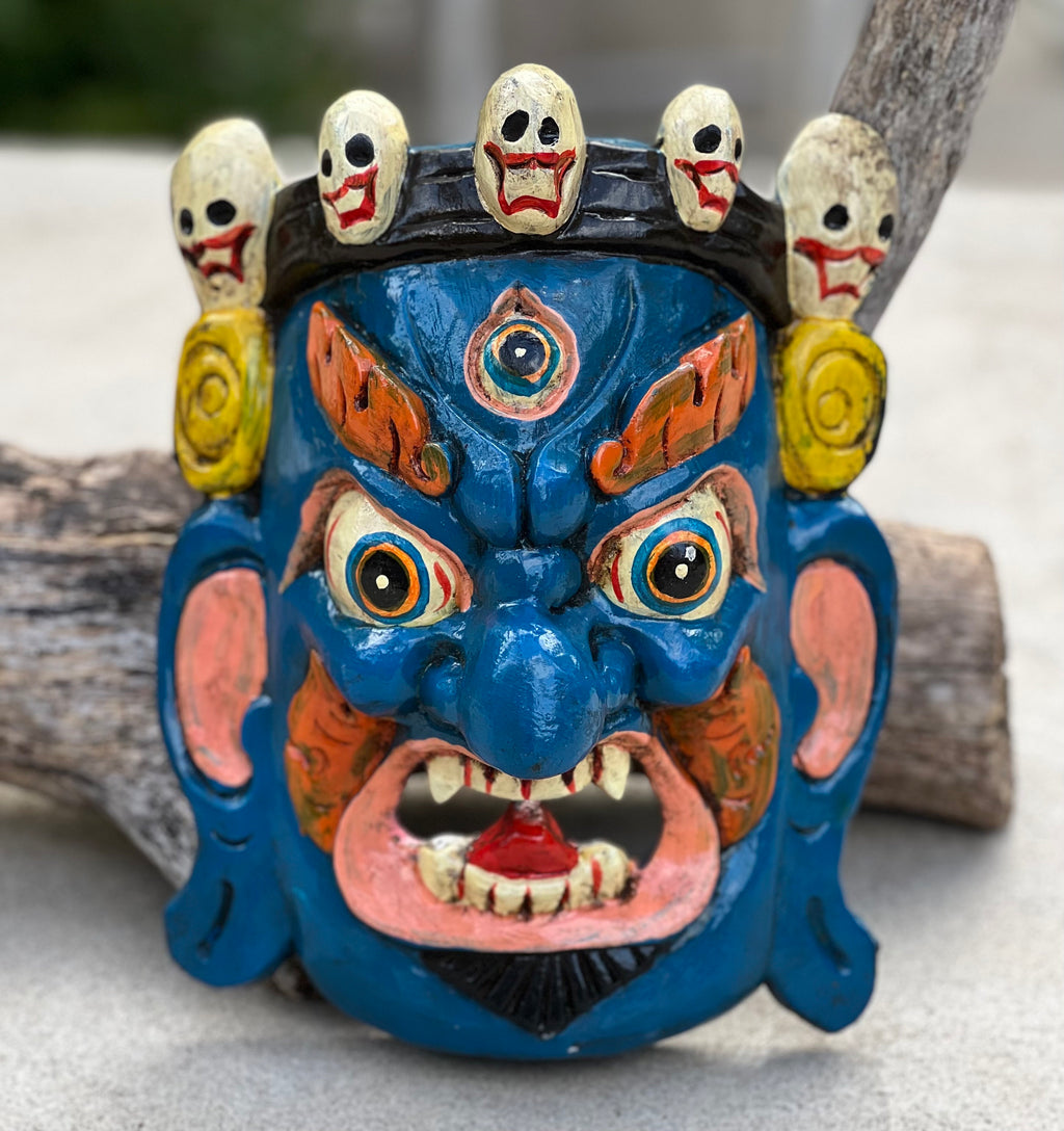 Hand Carved Tibetan Buddhist Mahakala Wooden Mask Wall Decor Hanging Blue - DharmaObjects